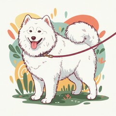 Samoyed dog standing on leash with colorful background and grass  