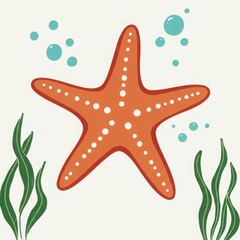 Orange starfish surrounded by seaweed and bubbles on white background  