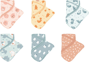 Set of cute baby swaddle blankets with animal patterns, soft newborn wraps in pastel colors, cozy infant sleep accessories