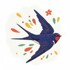Colorful swallow bird flying amidst floral elements in spring  