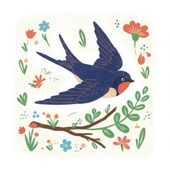 Flying swallow bird among colorful flowers and green leaves in spring  