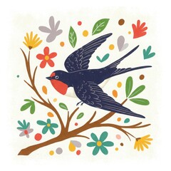 Swallow bird flying above colorful flowers and leaves in spring  