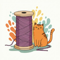 Orange cat sitting beside purple yarn spool with colorful splashes  