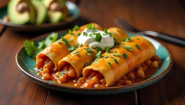Traditional enchiladas served on ceramic plate with sour cream and avocado slices on side 