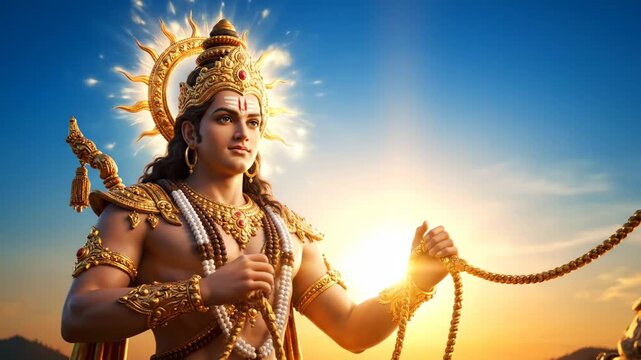 Surya, Indian Sun God, Chariot Reins - A realistic depiction of Surya, the Hindu sun god, adorned in golden attire and a radiant sun crown.