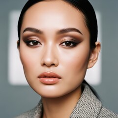 Professional portrait photography of a young adult cisgender woman with medium skin and dark hair wearing a blazer with dramatic eye makeup on a soft grey background
