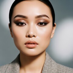 Elegant young adult woman with dark hair and medium skin has dramatic eye makeup with smoky eyeshadow and nude lips against a neutral background photography