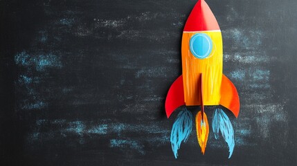 Vibrant cartoon rocket ship launching against a textured dark background, symbolizing innovation, startup culture, and breakthrough technological achievements in business