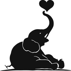 Baby Elephant Silhouette Vector — Black and White Illustration of Sitting Elephant with Raised Trunk and Heart Symbol