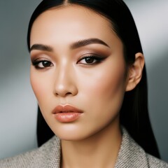 Portrait photography of a young adult East Asian woman with dark straight hair and medium skin wearing a blazer with a soft grey background showcasing professional makeup and a neutral expression