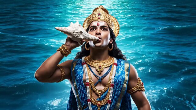 Indian God Varuna with Conch Shell by Ocean - A depiction of the Hindu god Varuna, dressed in ornate blue clothing and gold jewelry, blowing a conch shell against a backdrop of a wave-lit ocean.