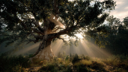 Majestic Ancient Oak in Golden Sunlight