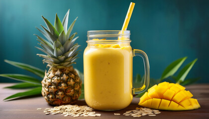 Tropical Bliss Refreshing Smoothie With Mango Pineapple And Oatmeal In A Mason Jar