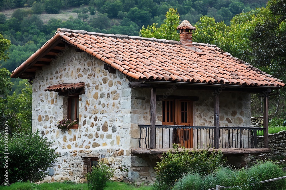 Poster a rustic villa with clay tiled roof, rustic ironwork on windows and railings, and simple clean lines