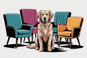 Golden retriever dog sits amidst colorful vintage armchairs