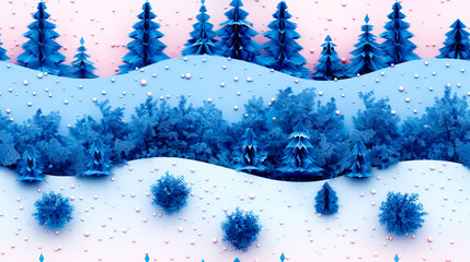 Snowy forest scene in kirigami design conveys the enchanting spirit of Christmas. Blue trees and whimsical snowflakes create a unique pattern for design wrapping paper perfect for gifts this holiday