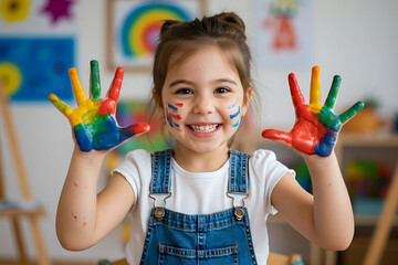 Joyful Toddler Girl Shows Off Colorful Handprints After a Fun Painting Session