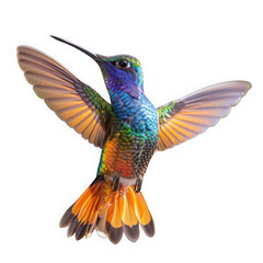 A colorful hummingbird in flight with wings spread, isolated on transparent background