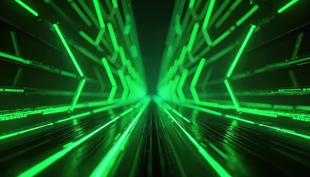 Perspective view of a futuristic tunnel or corridor with bright green neon lights. Abstract digital background with glowing geometric shapes and lines creating a sense of speed and technology.