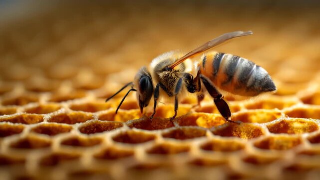 Close up honey bee on honeycomb natural beekeeping concept insect macro with details of wings and body producing honey agriculture pollination and wildlife ecosystem