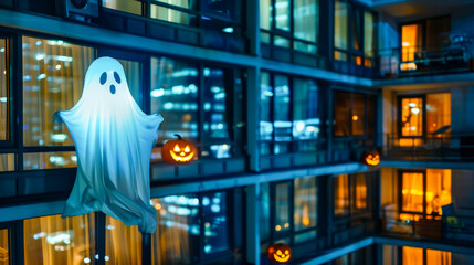 A friendly ghost hovers near a contemporary apartment glowing with warm lights, surrounded by trendy pumpkin decorations for Halloween. The scene captures festive cheer at night. Copy space