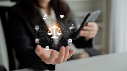 Futuristic digital law interface displaying justice scale, highlighting digital law, AI compliance,...
