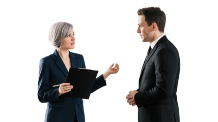 Businesswoman and businessman discussing work with a clipboard