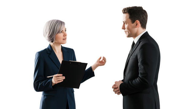 Businesswoman and businessman discussing work with a clipboard

