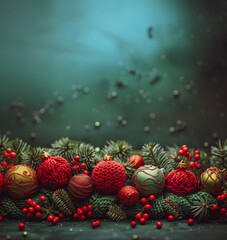 Stretching across a bright green backdrop, colorful Christmas balls with intricate embroidery. Copy space. Greeting card design. Perfect holiday crafts and decorations