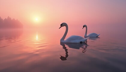 Fototapeta premium Two white swans swim in a calm lake at dawn. The sun rises creating warm red tones. A forest silhouettes against hazy sky. Image evokes calm peaceful nature scenes. Swans reflection visible.