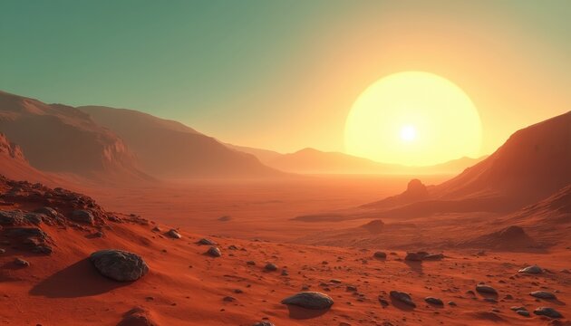 Red desert landscape with massive sun setting over mountains. Rocky terrain stretches to horizon. Hazy atmosphere glows with warm light. Alien planet surface exploration. - Powered by Adobe