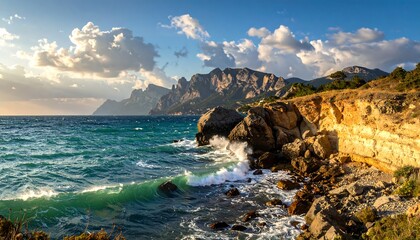 A stunning coastal landscape showcases dramatic cliffs, crashing waves, and a vibrant blue sea under a partly cloudy sky.