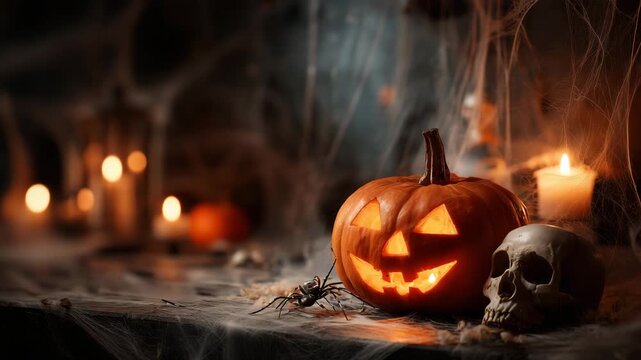 Halloween jack o lantern glowing with candles spooky autumn night festive decoration with carved pumpkin symbol of halloween celebration and seasonal holiday atmosphere