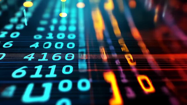 A computer screen featuring a digital display of numbers, showcasing data or calculations, Music notes replaced by binary code to represent digital music, AI Generated