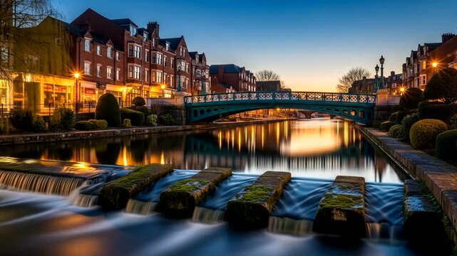 Scenic Riverbanks of Chester, England, at Sunset, Featuring Historic Architecture and Calm Waters
