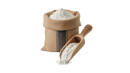 Flour in a burlap sack with a wooden scoop

