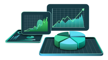 Financial charts and pie chart on a laptop screen

