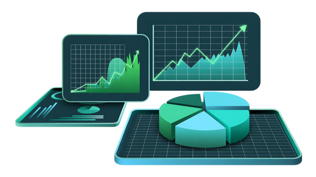 Financial charts and pie chart on a laptop screen

