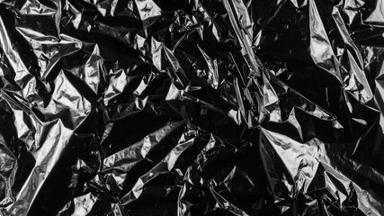 Textured close-up of crushed, wrinkled, and glossy black plastic sheet forming a crumpled and shiny abstract pattern, full frame. - Powered by Adobe
