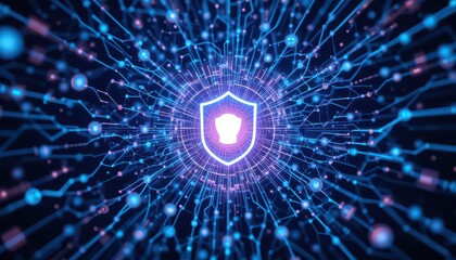 Secure digital network with glowing shield icon protecting data streams from cyber threats