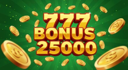 Vibrant Lucky 777 Bonus Jackpot Illustration with Golden Coins on Green Background for Casino Gaming Promotions