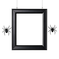 Ornate antique black picture frame hanging against a dark background with decorative spider accents on the sides