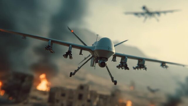 Combat drone flying in the sky with weapons attached military aircraft concept unmanned aerial vehicle used for modern warfare technology defense system and future of aviation
