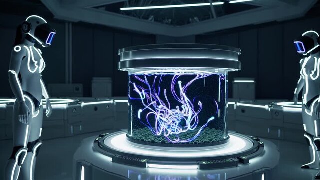 Two robotic researchers studying an unusual, illuminating extraterrestrial creature confined inside a state of the art, advanced technology container