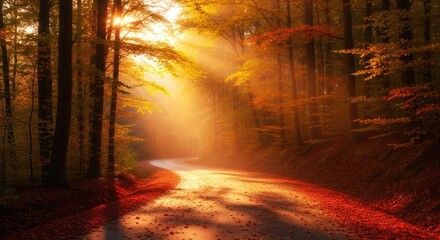 Scenic road curving through a forest with autumn leaves illuminated by golden sunbeams, symbolizing travel, journey, or nature's beauty.
