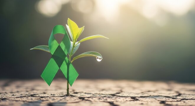 Green ribbon and young plant growing from dry ground with water drop. World mental health day concept and environmental protection.