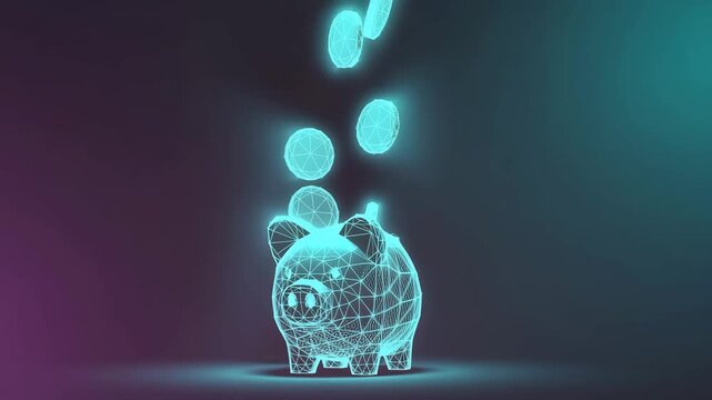Piggy Bank's Digital Savings: A futuristic piggy bank glows, illuminated by light from digital coins, suggesting a forward-thinking approach to securing financial resources.