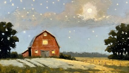 Red barn glowing under moonlight and starry sky in rural landscape painting