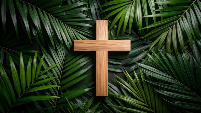 Wooden Christian cross lies on background of lush green palm fronds. Religious symbol amidst fresh vibrant tropical foliage backdrop.