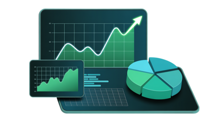 Financial charts and pie chart on a laptop screen

